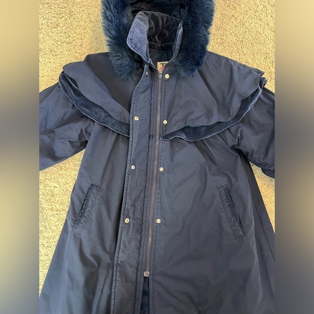 VINTAGE Big Chill Hooded Capelet Parka 10 Navy Blue Velvet Trim Heart Faux Fur - Picture 7 of 8